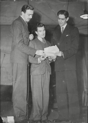 Script Writers Frank Muir (left) And Dennis Norden (right) Go Through Script Of Radio Show 'take It From Here' With Producer Charles Maxwell