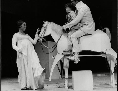 Judi Dench Barrie Ingham And Jeremy Richardson; Actors On Stage With Prop Horse For Production Of Shakespeare's A Winter's Tale 1969.