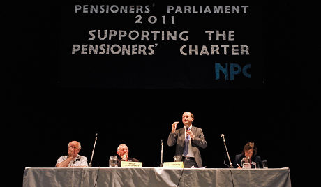 Pensions Minister Steve Webb Mp (standing) Gets Barracked By Angry Pensioners At The National Pensioners Convention In The Winter Gardens Blackpool Lancs. Pic Bruce Adams / Copy Disley - 15.6.11