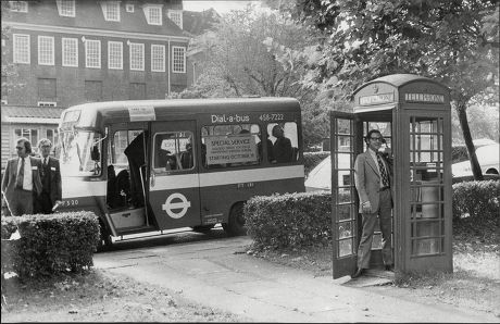 London Red Bus Andrew Mcintosh Chairman Of The Western Area Board Of Greater London Council Telephones For A Bus In Hampstead Garden Suburb During Press Demonstration Of 'dial-a-bus'