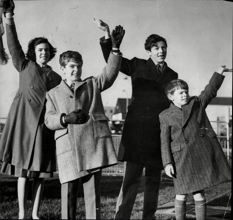 Grandchildren Of The Prime Minister Harold Macmillan Wave Goodbye At London Airport. L-r Anne Faber Michael Faber Mark Faber And Alexander Macmillan.