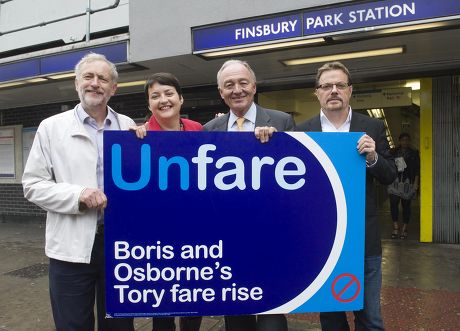 Comedian Eddie Izzard Joins Ken Livingstone Val Shawcross ( Lab. Gla Member For Transport ) And Jeremy Corbyn Mp(l) To Protest Against Rail Fares Increases Picture By Glenn Copus.