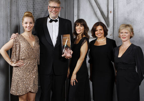Collecting the Award for Best International Dagger Hans Rosenfeldt,(centre holding award) the creator of the winning drama The Bridge with Sofia Helin (left)  and Ellen Hillingso (right)  with award presenters  Rebecca Front and Clare Holman