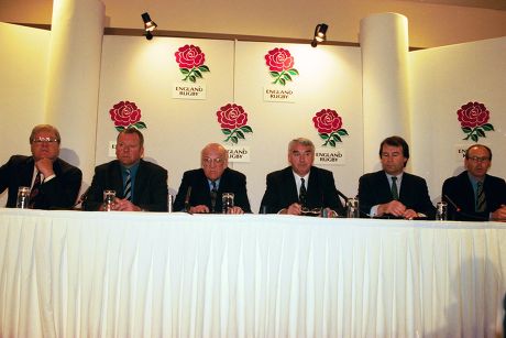 Rugby Football Union (rfu) Press Conference After Drug Allegations Appeared In The News Of The World Newspaper Concerning England Captain Lawrence Dallaglio. Pictured: Bill Beaumont (left) Peter Trunkfield Rfu President (second From Left) Bill Baiste