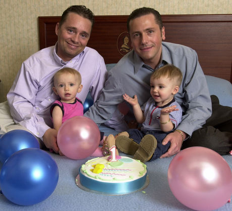 Twins Saffron Drewitt-barlow (l) And Aspen Drewitt-barlow With Their Parents Barrie Drewitt And Tony Barlow Celebrating Their First Birthday In Sweden. The Homosexual Fathers Have Just Announced That They Are To Launch A Ii100 000 High Court Battle T