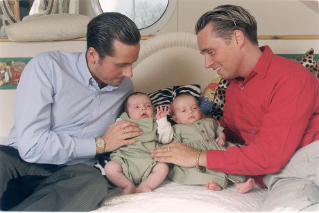 Gay Fathers Tony Barlow And Barrie Drewitt With Their Twins Aspen And Saffron. The Men Are Suing The Twins Surrogate Mother Rosalind Bellamy Over Financial Irregularities. Barrie And Tony Drewitt-barlow.