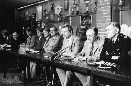Heads Of Merseyside Football Unite With Assistant Chief Constable Jack Crawford To Stop Football Hooligans. From Left: Phil Neal Bob Paisley Kevin Ratcliffe Kenny Dalglish Howard Kendall Jim Greenwood Bruce Osterman Philip Carter John Smith And Jack