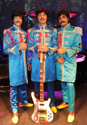 The Beatles Re-borna. The Three Paul Mccartney's From The Left James Fox Emanuele Angeletti And Ian Garcia At The Prince Of Wales Theatre London. Picture Murray Sanders Daily Mail.
