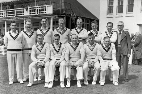 Cricket - 1955 season - Leicestershire vs Surrey 21/05/1955 The Surrey team group before the game at Grace Road Leicester on 21/5/55 Back l-r: Bernard Constable Dennis Cox (12th man) Ronn Pratt Tony Lock Tom Clark Mickey Stewart David Fletcher J Tait (masseur) Front: Jim Laker Peter May Stuart Surridge Alec Bedser Arthur McIntyre (wicketkeeper) Surrey won the game by 7 wickets Surrey CCCC