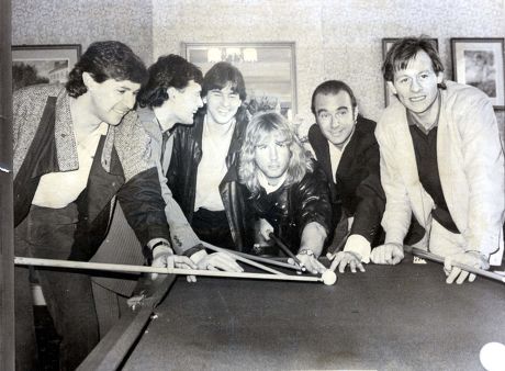 Alex Higgins - Snooker Player (died 24th July 2010) Snooker Rockers..... Tony Knowles Jimmy White Kirk Stevens And Alex Higgins With Status Quo's Rick Parfitt And Francis Rossi Took Time Off From The World Snooker Championships In Sheffiled Yesterda