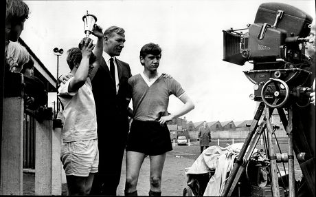 Film 'cup Final ' 1965' Former Manchester City Footballer Bert Trautmann Rehearses With Actor Dennis Gilmore (left) And Pip Rolls.