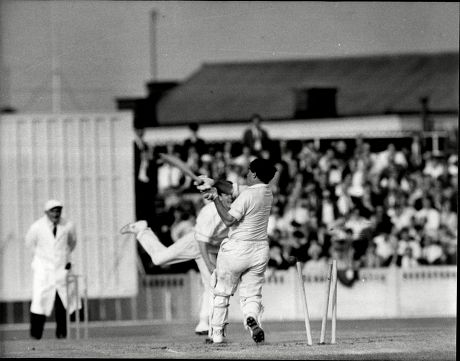 Cricket County Match Yorkshire V Lancashire. Fred Trueman Takes A Swing And Is Bowled By Peter Lever.