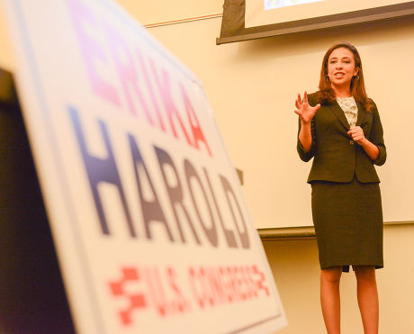 Erika Harold campaigns at a College Republicans meeting at Illinois State University, Normal, Illinois, America - 06 Nov 2013