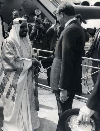 Sheikh Isa Bin Salman Al-khalifa Ruler Of Bahrain From 1961-1999 Seen Shaking Hands With Peter Carington 6th Baron Carrington At London Airport.