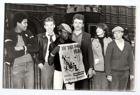 Demonstration 1982 - Members Of The Youth Opportunities Programme Demonstrate At The Commons: L To R: Peter Gayle (london) Willie Griffin (glasgow) Mark Spence (birmingham) Laurence Coats (leicester) Maureen Mclaughlin (scotland) Shareen Blackall (li