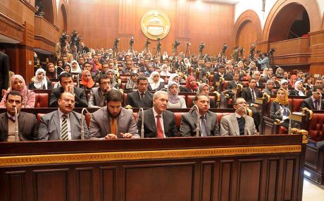 Egypt's constituent assembly Chairman Amr Moussa meets students of Economics and Political Science at the Shura Council in Cairo, Egypt - 18 Dec 2013