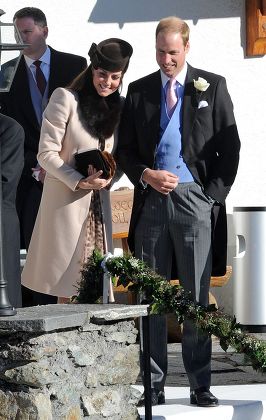 Arosa Switzerland. Wedding Of Laura Bechtolsheimer And Mark Tomlinson In Arosa Attended By William Harry And Kate. William And Kate After The Church Ceremony Outside The Church. Stephanie Schaerer 02/03/2013 00447878466804.
