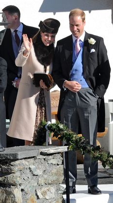 Arosa Switzerland. Wedding Of Laura Bechtolsheimer And Mark Tomlinson In Arosa Attended By William Harry And Kate. William And Kate Wave To The Newly Weds After The Wedding. Stephanie Schaerer 02/03/2013 00447878466804.