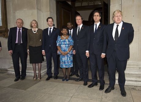 Doreen Lawrence With Senior Politicians At The 20th Anniversary Memorial Of The Death Of Stephen Lawrence.l-r Damian Greene Theresa May Nick Clegg Doreen Lawrence Stuart Lawrence(behind) David Cameron Ed Milliband And Boris Johnson. Picture David Par