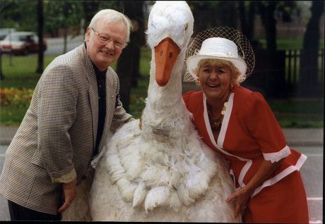 Actress Lynne Perrie Meets The Goose And John Inman Her Co-stars In Forthcoming Pantomime Mother Goose At The Davenport Theatre.