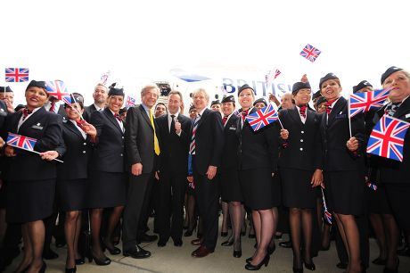 Ba Staff Celebrate Outside The New Arrival Of The A380 As It Parks Up For The First Time Outside The Ba Airbase At Heathrow. Pictured In Centre: (l-r) Keith Williams Ceo Of Ba And Fabrice Bregier President And Ceo Of Airbus Arrive Out From The Airbus