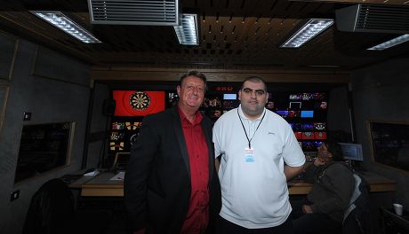 Sunni Upal Behind The Scenes At Pdc Darts. Pictured With Eric Bristow. Pdc World Darts Championship December 13th 2013. Credit Image: Kevin Quigley/daily Mail/solo Syndication.