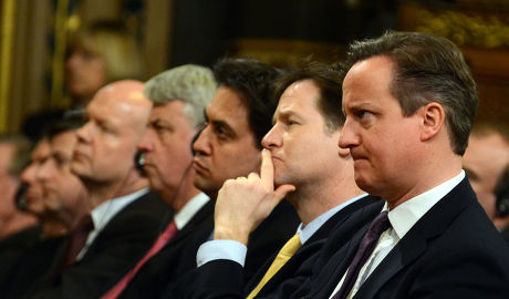 Pm David Cameron Deputy Pm Nick Clegg Leader Of The Opposition Ed Milliband Andrew Lansley Leader Of The House Of Commons And William Hague Foreign Secretary During The Address By The German Chancellor Angela Merkel To Members Of Both The House Of Lo