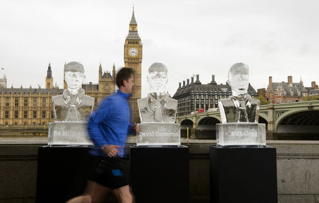 Ice sculptures of David Cameron, Ed Milliband and Nick Clegg, Houses of Parliament, London, Britain - 29 Apr 2015