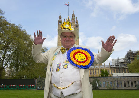 Alan "Howling Laud" Hope of the Monster Raving Loony Party in Victoria Tower Gardens, Westminster, London, Britain - 01 May 2015