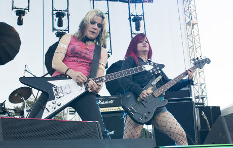Donita Sparks and Jennifer Finch of L7 perform during Riot Fest 2015 at the Douglas Park on September13, 2015 in Chicago,America.