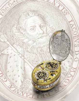 David Ramsay: A circa 1618 early silver and gilt-metal oval astronomical verge watch with portrait engraving of King James I sold for £989,000