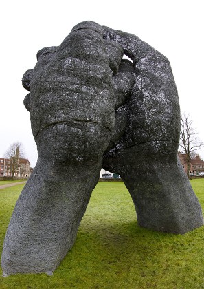 The Kiss sculpture by Sophie Ryder in its new position in the grounds of Salisbury Cathedral, Wiltshire, Britain - 21 Feb 2016