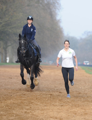 Olympian Kelly Sotherton Races Murphy The Horse Ridden By Hannah Bendon In Hyde Park To Launch 2015s Man Vs Horse Marathon. The Marathon Takes Place In Llanwrtyd Wells Wales On June 13th.
