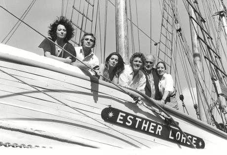 The Cast Of The Tv Series: The Onedin Line Onboard The Esther Lohse. Picture Shows L-r: Jill Gascoigne Tom Adams Jessica Benton Peter Gilmore Howard Lang And Laura Hartong. (for Full Caption See Version) Box 654 1011121525 A.jpg.