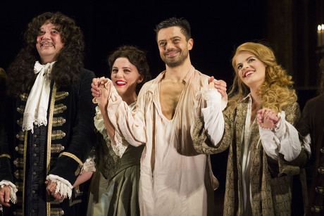 Jasper Britton (King Charles II), Ophelia Lovibond (Elizabeth Barry), Dominic Cooper (Earl of Rochester) and Alice Bailey Johnson (Elizabeth Malet) during the curtain call