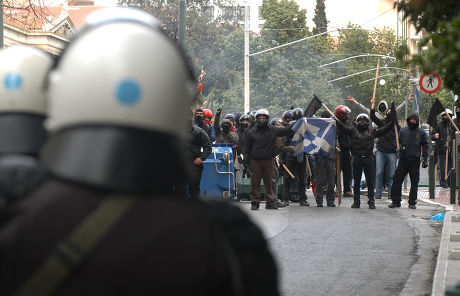 Demonstrators Wearing Helmets Taunting Riot Police Editorial Stock ...