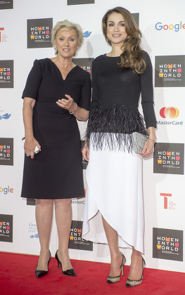Queen Rania Al Abdullah Of Jordan With Tina Baker Arriving For The Women In The World Event In London. Picture David Parker 08.10.15.