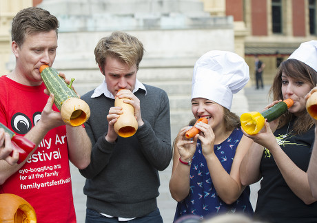 The Edible Orchestra Warms Up Ahead Of 'ratatouille In Concert'. Members Of The Royal Philharmonic Concert Orchestra Students At The Royal College Of Music And Musicians Of The London Vegetable Orchestra Are Pictured Playing Instruments Made Out Of