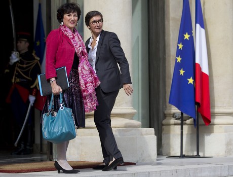 French Junior Minister For Social Affairs and Health in Charge of Family Issues Dominique Bertinotti (l) and Minister of Sports and Youth Valerie Fourneyron (r) Arrive For the Weekly Cabinet Meeting at the Elysee Palace in Paris France 22 June 2012 the French Government Underwent a Minor Adjustment on 21 June with the Cabinet Now Totallling 38 Members Four More Than the Previous One the New Cabinet Features 19 Men and 19 Women As Well As the Prime Minister France Paris