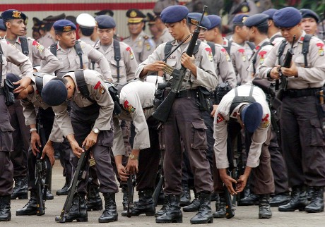 Indonesian Policemen Check Their Rifles Shortly Editorial Stock Photo ...