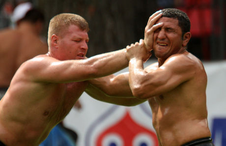 Turkish Oil Wrestler Refreshes Editorial Stock Photo - Stock Image