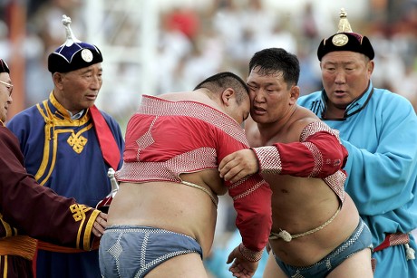 Mongolian Wrestlers Traditional Attire Grapple During Editorial Stock