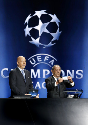 Uefa General Secretary Gianni Infantino(l) and Spanish Former Soccer Player Francisco Gento (r) Conduct the Draw Ceremony For the Uefa Champions League Group Stage at Grimaldi Forum in Monaco 28 August 2014 Monaco Monaco