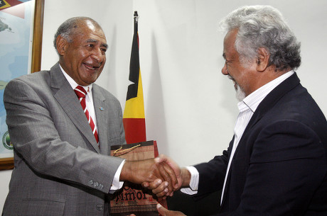 Fiji's President Ratu Epeli Nailatikau (l) is Greeted by to East Timor's Prime Minister Xanana Gusmao (r) During Their Meeting in Dili East Timor 28 February 2014 Ratu Epeli Nailatikau is in a Two-day Visit to East Timor Also Known As Timor Leste to Tighten Bilateral Relationship Between the Two Countries East Timor Dili