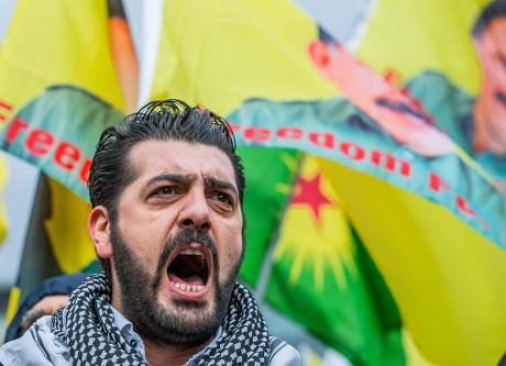 Kurdish Protesters Wave Flags Depicting Jailed Editorial Stock Photo ...