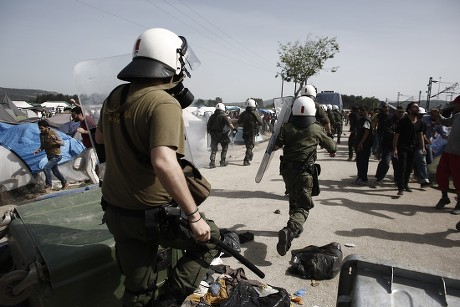Greek Riot Police Advance Disperse Refugees Editorial Stock Photo ...