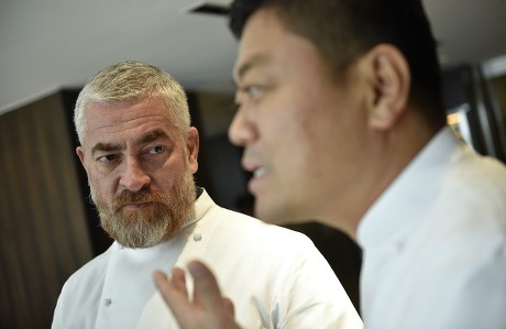Brazilian Chef Alex Atala (l) and Japanese Chef Yoshihiro Narisawa Speak to Reporters at Narisawas Restaurant in Tokyo Japan 08 February 2016 Both Chefs Will Cook Together For a Dinner Marking the 120th Anniversary of the Establishment of Diplomatic Relations Between the Two Countries Japan Tokyo