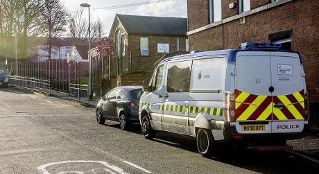 A Police Van Parked At St. John's C Of E Primary School. The Head Teacher Of St John's Church Of England Primary School In Radcliffe Bury Manchester Has Sent Out A Letter Asking Parents To Stop Smoking Cannabis At School Gate.