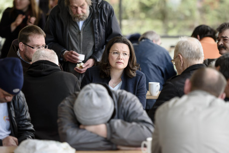 Germany's Minister of Labor and Social Affairs Andrea Nahles visits soup kitchen in Berlin - 11 Apr 2017
