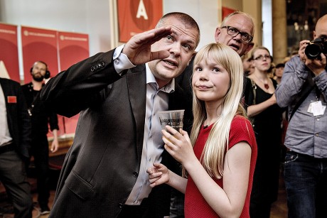 Danish Minister of Finance Bjarne Corydon Explains to His Her Daughter the Concept of Exit Polls As the Socialist Party Have Their Election Party in the Common Hall at Christiansborg Copenhagen Denmark 18 June 2015 on Election Day Denmark Copenhagen